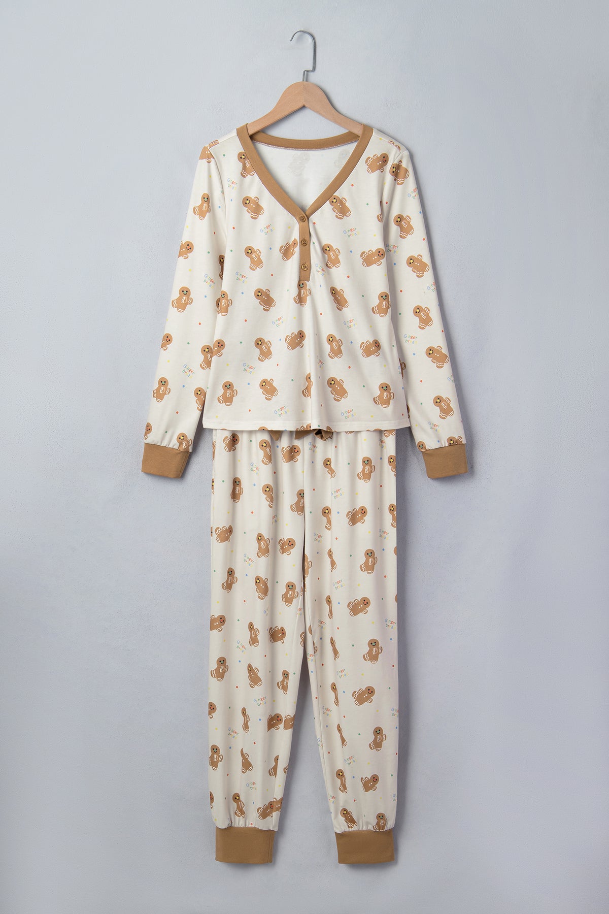Khaki Abstract Gingerbread Print Colorblock Long Sleeve Two Piece Lounge Set