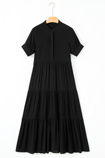 Black Hidden Buttons Short Sleeve Ruffle Tiered Long Flared Dress