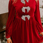 Fiery Red Bowknot Decor High Waist Velvet Mini Dress