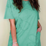 Mint Green Mineral Wash Flower Patchwork Mini T Shirt Dress