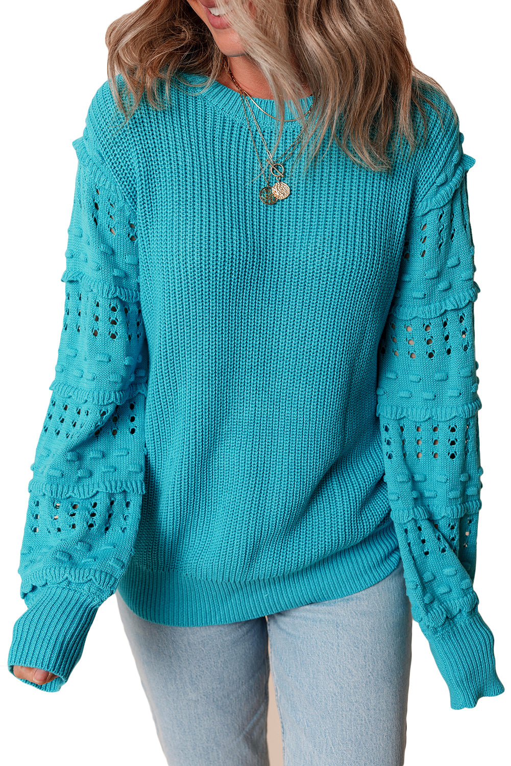 Pull turquoise à volants et manches bouffantes