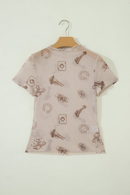 Oatmeal Leopard Printed Mesh Short Sleeve Top