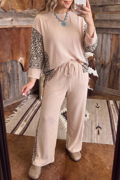 Light French Beige Leopard Print Ribbed Twist Long Sleeve Top Pants Plus Size Set