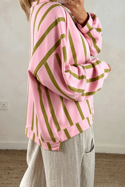 Green Stripe Dropped Shoulder Round Neck Casual Sweatshirt