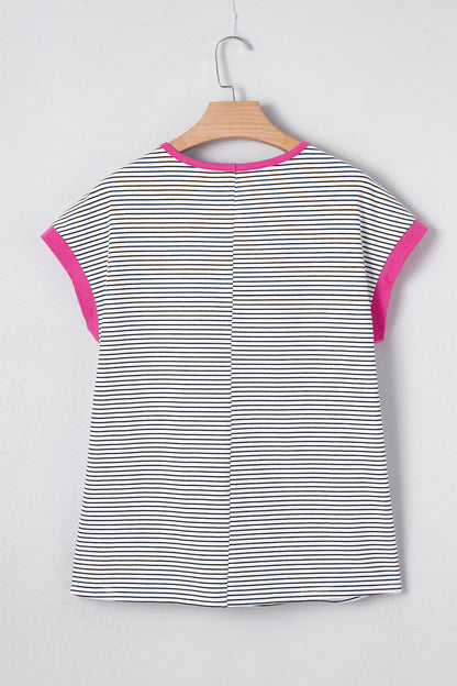 Rose Stripe Contrast Trim Round Neck Summer T Shirt