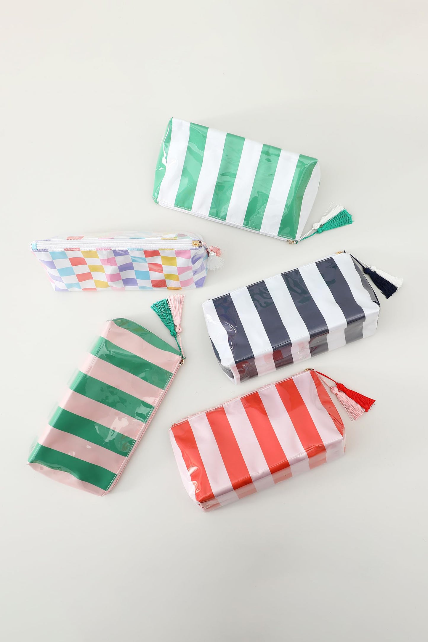 Navy Blue Striped Vinyl Waterproof Tassel Zipper Makeup Bag