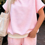 Pink Stripe Cuffed Sleeve Contrast Mock Neck Tee Casual 2pcs Short Set