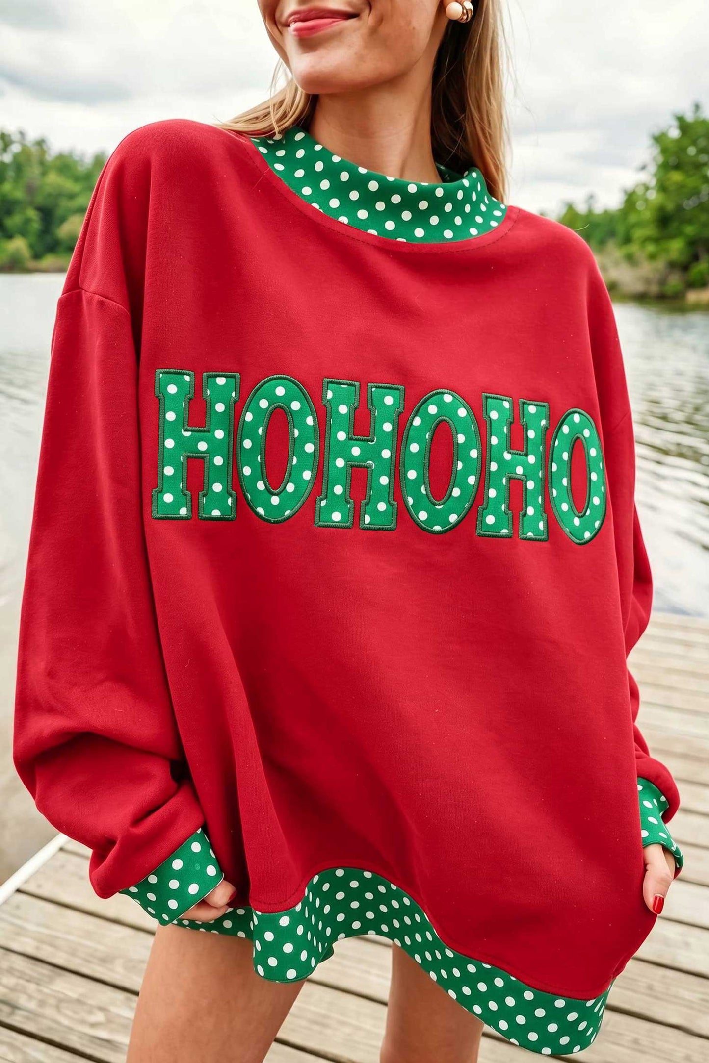 Fiery Red Polka Dot Letter Print Contrast Trim Mock Neck Sweatshirt