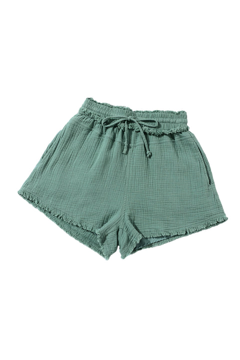Mist Green Crinkled Raw Edge Casual Shorts