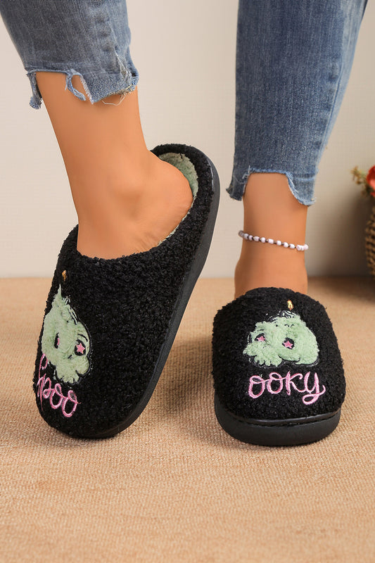 Black Color Contrast spooky Embroidered Asymmetric Plush Winter Slippers