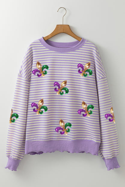 Haut à manches longues à rayures violettes et sequins, motif patché fleur de lys