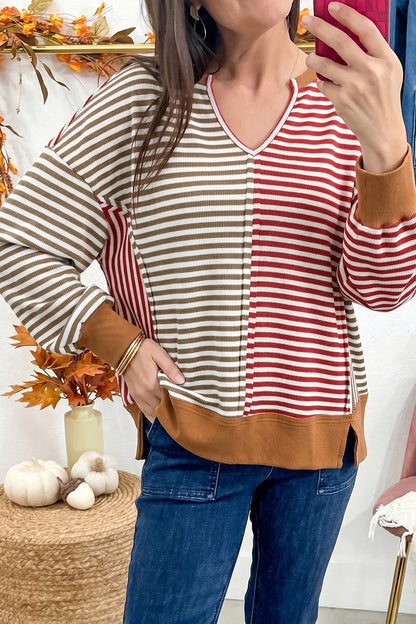 Red Striped Colorblock V Neck Long Sleeve Top
