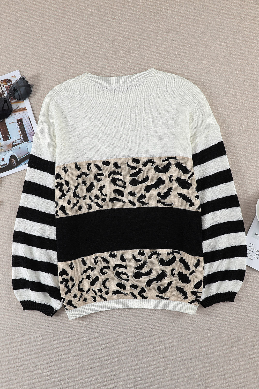 Slouchy Drop-shoulder Leopard Striped Colorblock Sweater