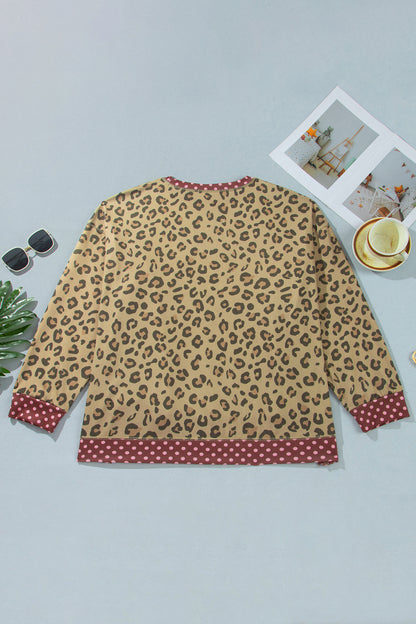 Brown Plus Size Leopard Print Contrast Polka Dot Trim Long Sleeve Top