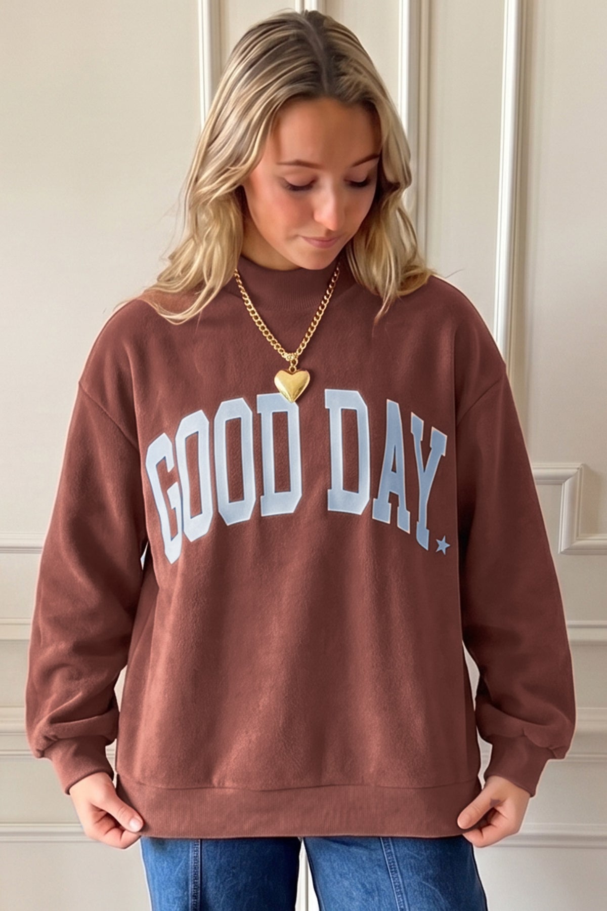 Clay Polka Dot/GOOD DAY Print Reversible Mock Neck Pullover Sweatshirt