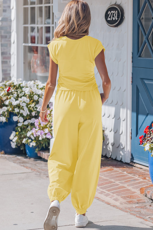 Yellow Cream Solid Color Cropped Tank Top and Jogger Pants Set