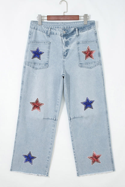 Beau Blue Patriotic Sequin Stars Patch Pocket Shift Jeans