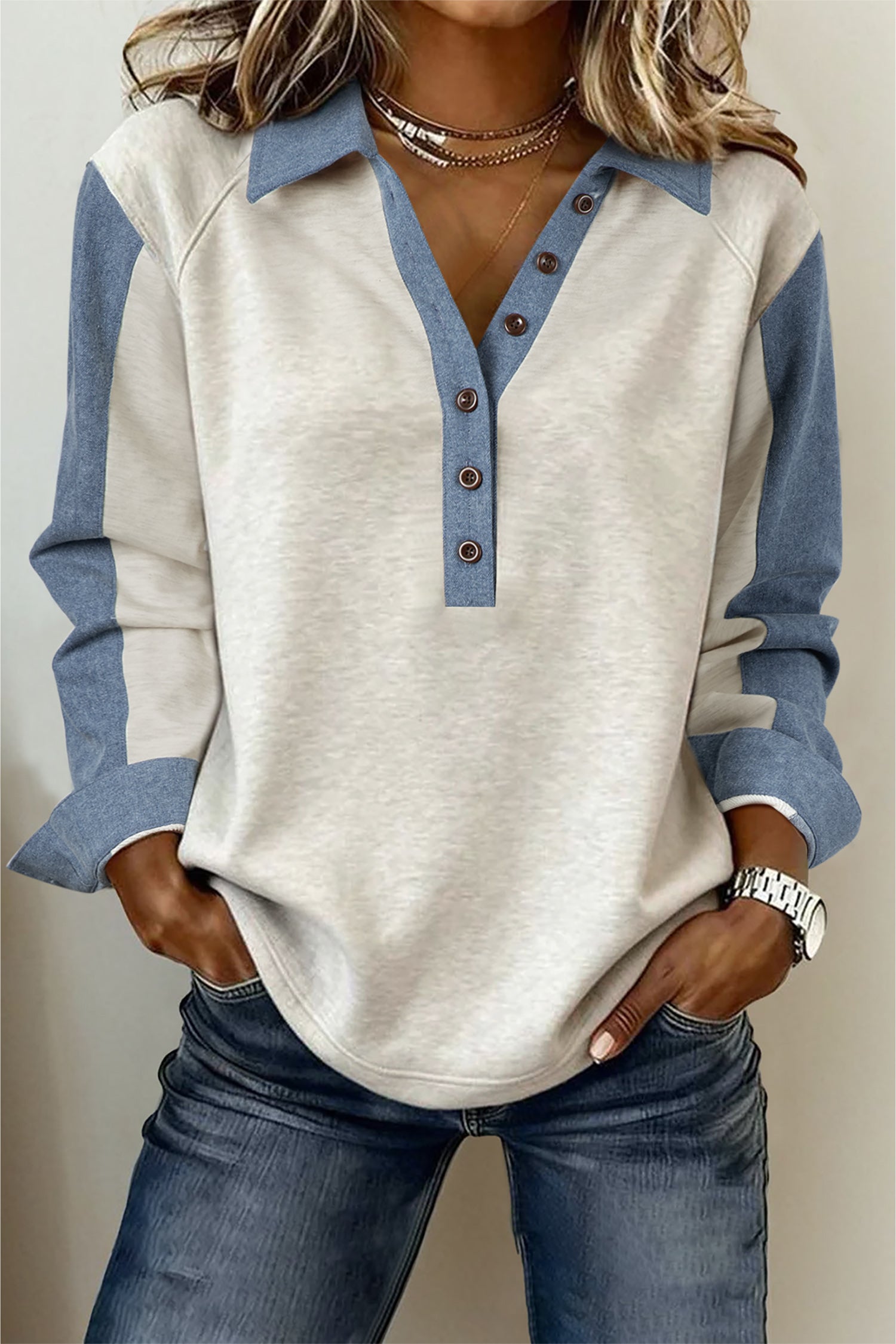 Light Grey Denim Patchwork Buttoned Polo Collar Long Sleeve Top