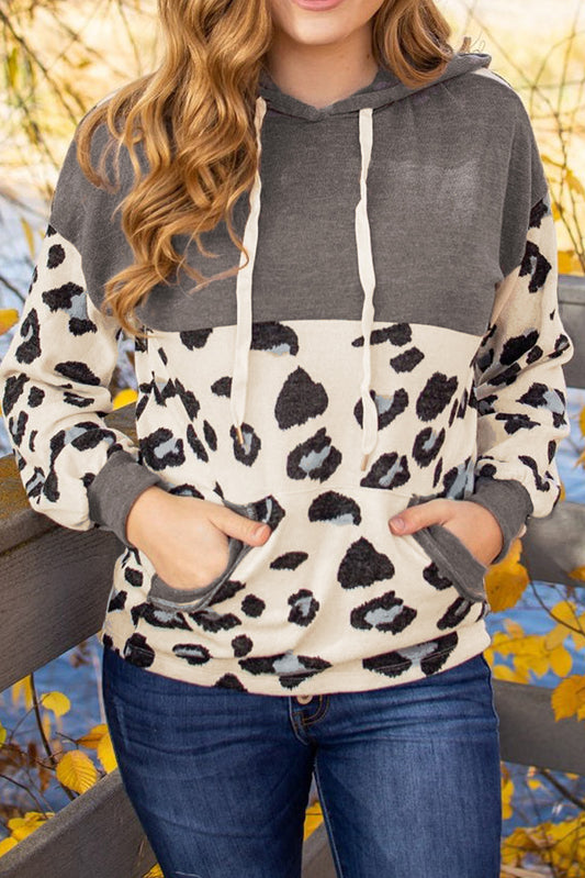Print Color Block Pocketed Drawstring Hoodie