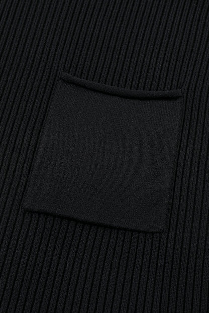 Black Patch Pocket Ribbed Knit Short Sleeve Sweater