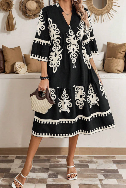 Robe midi ample noire à imprimé géométrique occidental, manches 3/4