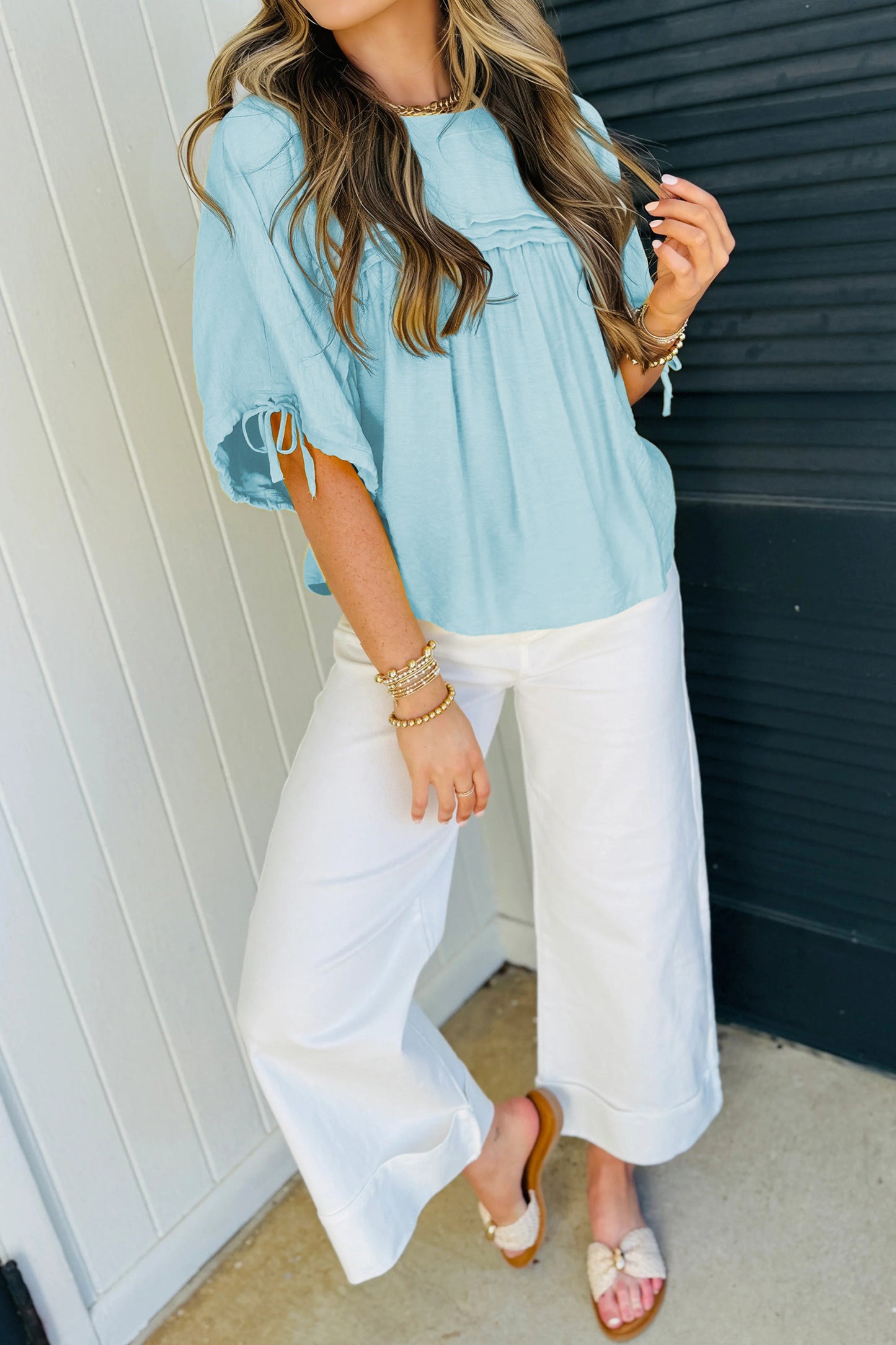 Mist Blue Tie Half Sleeve Pleated Detail Babydoll Blouse