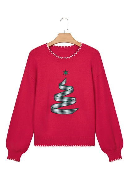Racing Red Stitched Detail Christmas Tree Holiday Casual Sweater