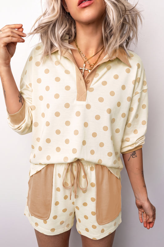 Khaki Polka Dot Drop Shoulder Polo Loose Pullover Patch Pocket Casual Shorts Set
