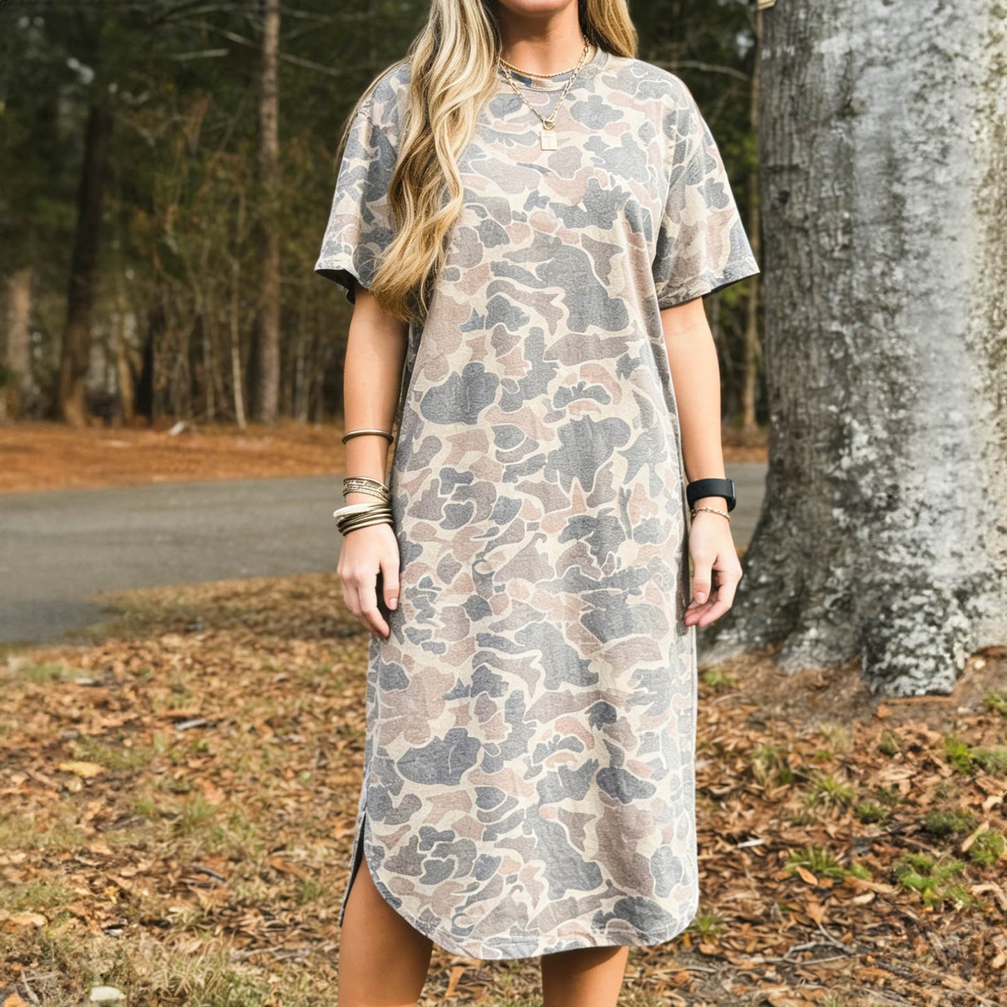 Multicolour Camouflage Print Short Sleeve Drop Shoulder Side Slit Casual Dress