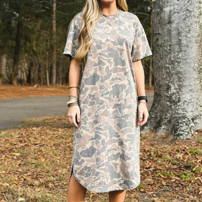 Multicolour Camouflage Print Short Sleeve Drop Shoulder Side Slit Casual Dress