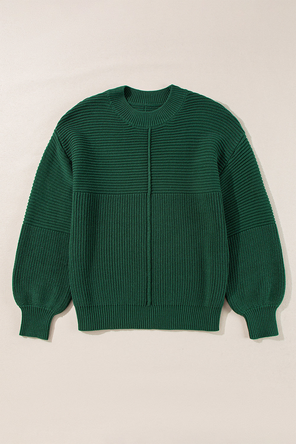 Pull ras du cou à manches lanternes en tricot texturé vert noirâtre