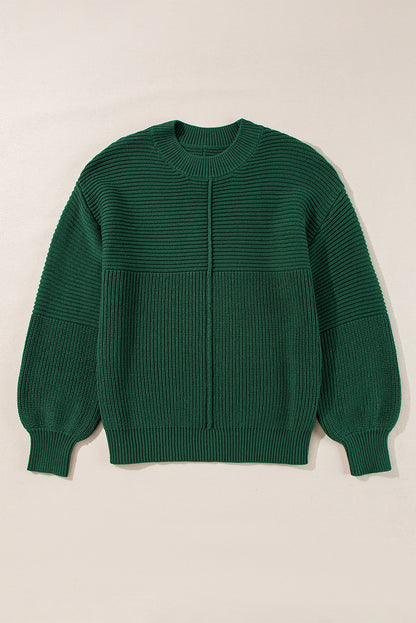 Pull ras du cou à manches lanternes en tricot texturé vert noirâtre