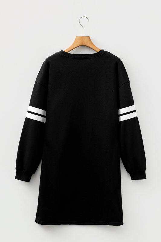 Black Varsity Contrast Banded Sleeve Shift Sweatshirt Dress
