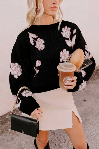 Black Floral Pattern Puff Sleeve Dropped Shoulder Pullover Sweater