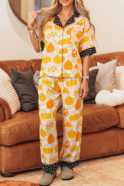 Orange Short Sleeve Pumpkin Print Polka Dot Trim Pocket Pocket Placket Home Wear Lounge Set