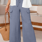 Dark Grey Drawstring Frilled Waist Wide Leg Utility Trousers