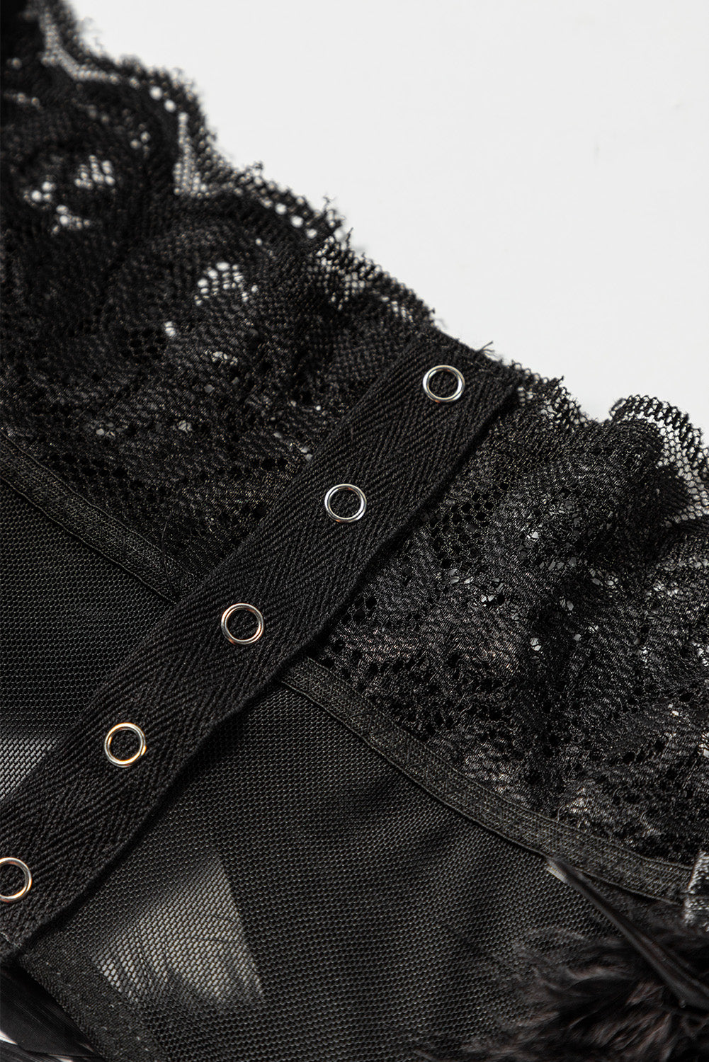 3 piezas set de lencería de malla de encaje con liguero de plumas 