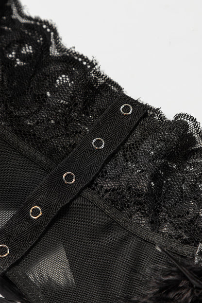 3 piezas set de lencería de malla de encaje con liguero de plumas 