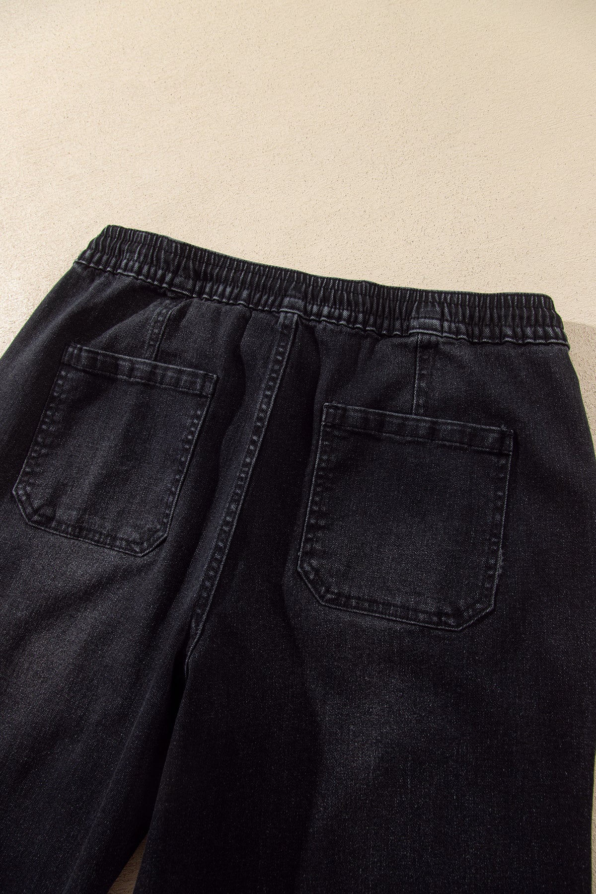 Black Drawstring Waist Ankle Length Casual Jeans Regular Fit Pocket Detail Denim Pants
