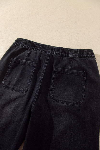 Black Drawstring Waist Ankle Length Casual Jeans Regular Fit Pocket Detail Denim Pants