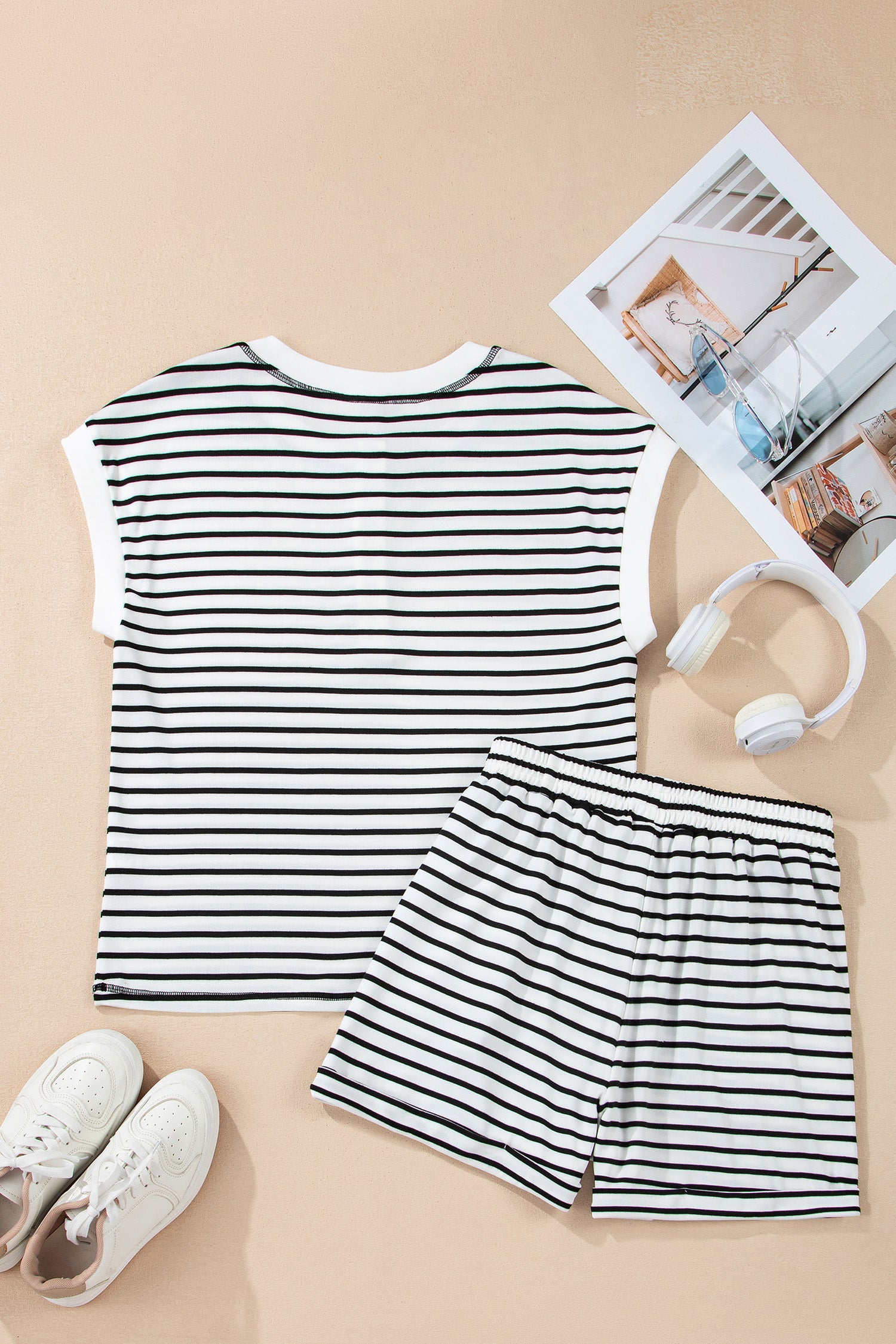 Black Stripe Half Buttons Top and Shorts Set