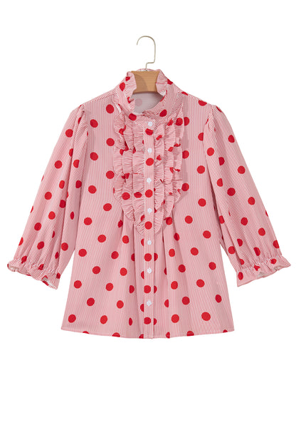 Fiery Red Polka Dot Striped Print Ruffle Stand Neck 3/4 Sleeve Shift Shirt