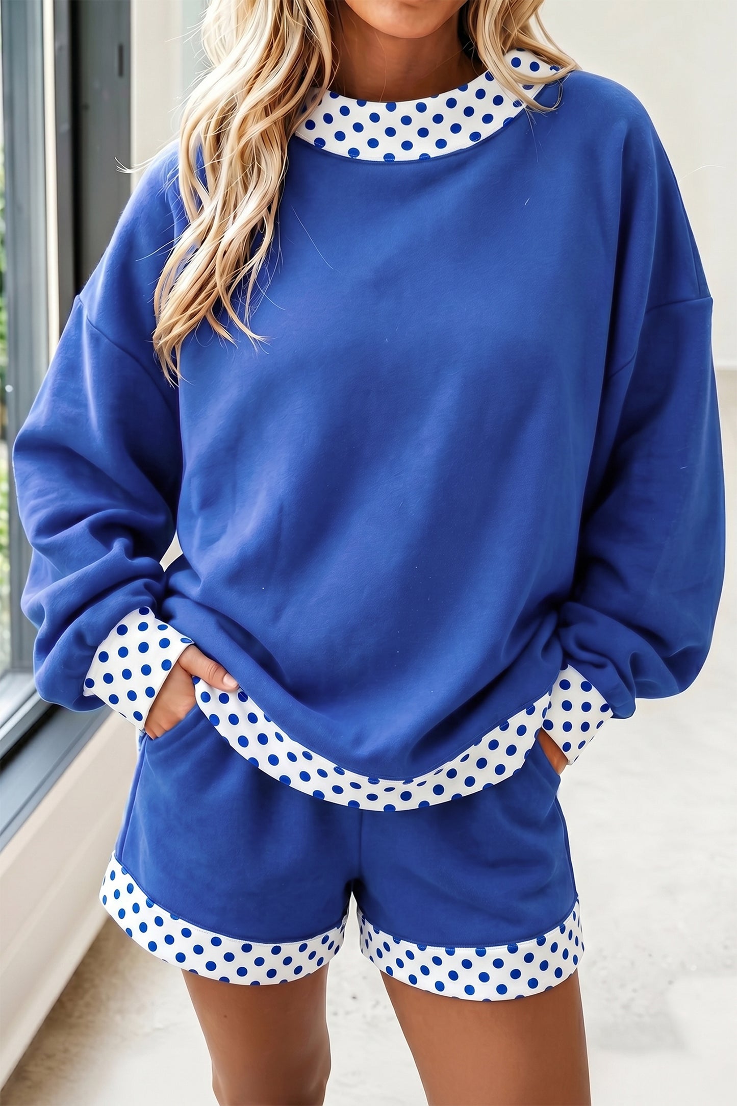 Dark Blue Polka Dot Trim Baggy Pullover 2pcs Short Set