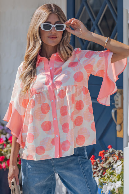 Pink Double Polka Dot Printed Ruffle Trim Short Sleeve Babydoll Shirt