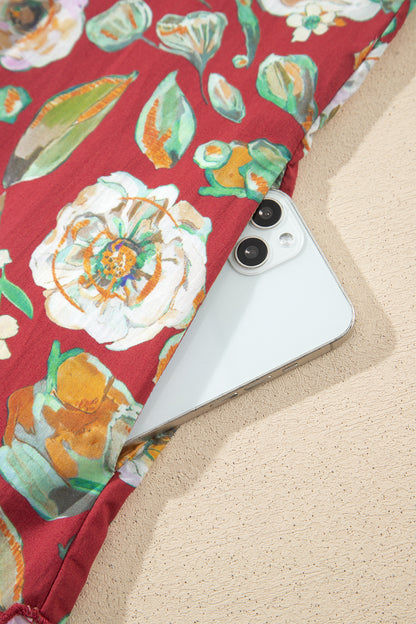 Red Floral Print Half Sleeve Short Shift Dress