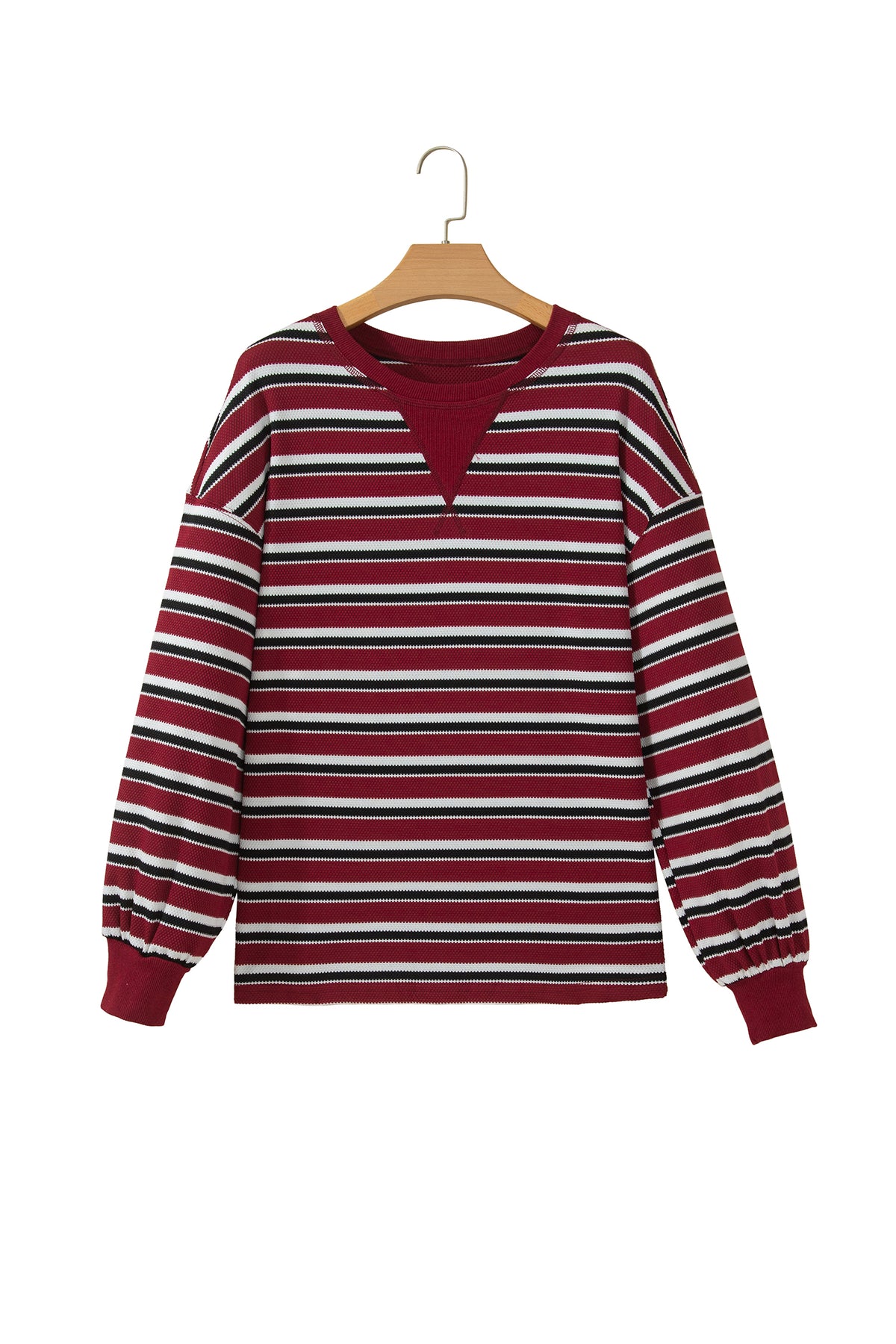 Red Stripe Dropped Shoulder Long Puff Sleeve Top