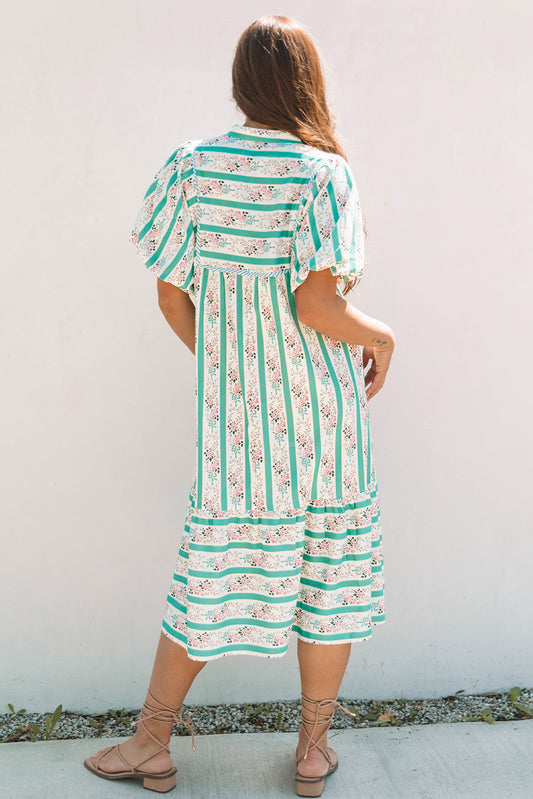 Multicolour Striped Floral Print Tie Split Neck Puff Sleeve Midi Dress