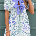 Sky Blue Leopard Contrast Bow Puff Sleeve Mini Dress