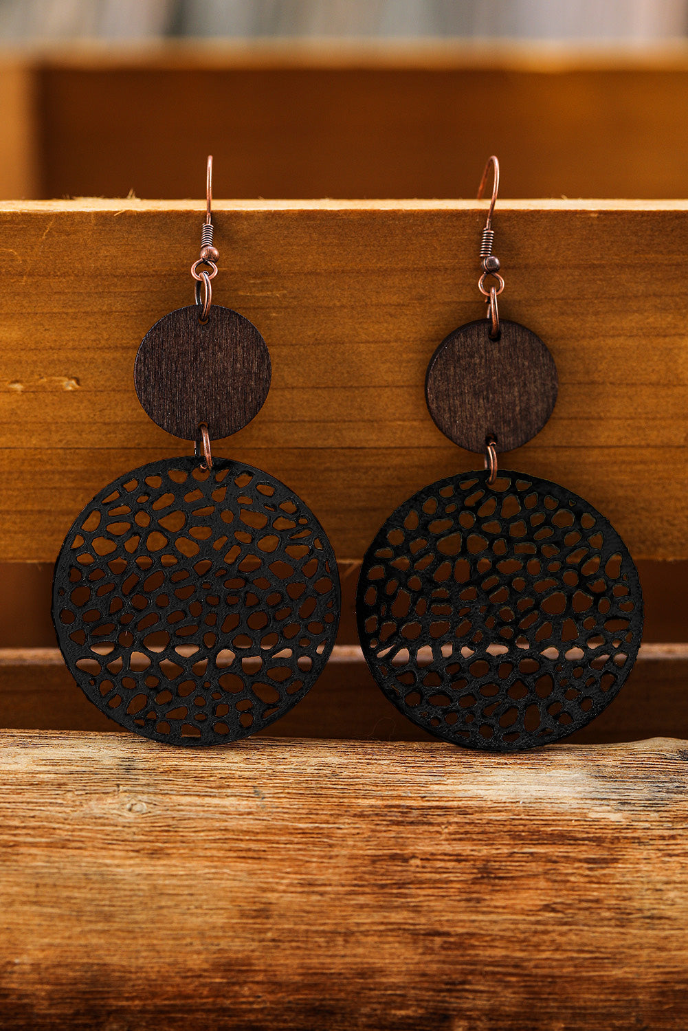 Hollow Out Wooden Round Drop Earrings