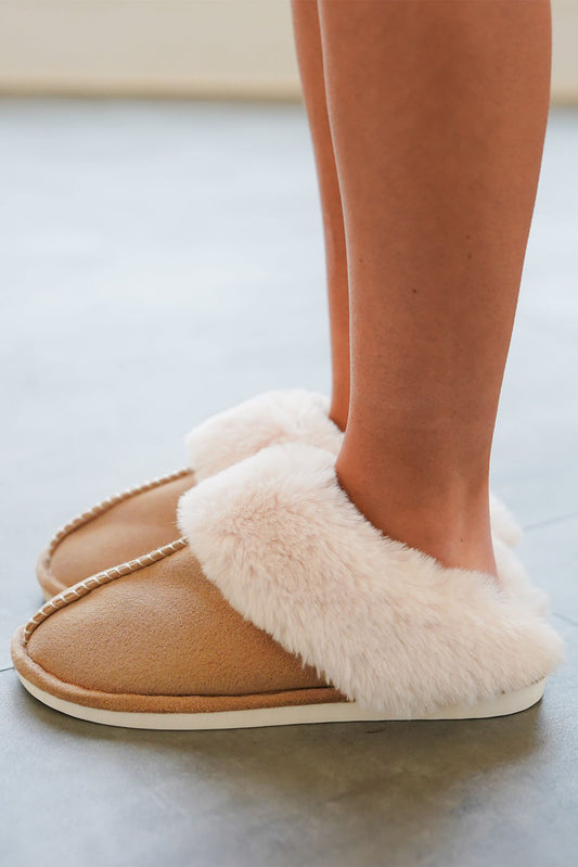Camel Plush Suede Winter Home Slippers